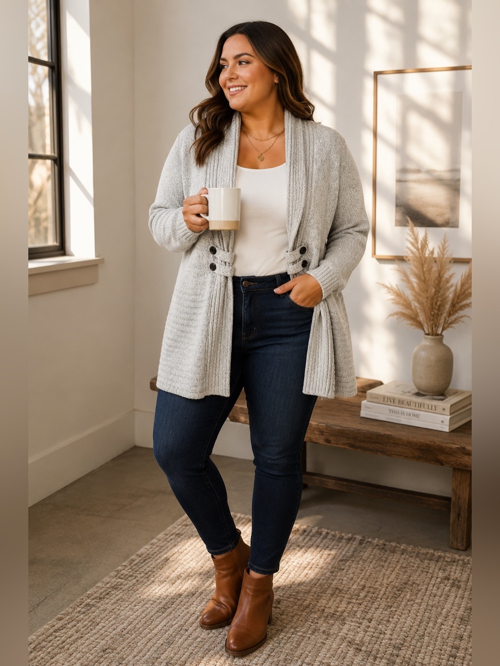AB Studio XL Light Gray Heathered Shawl Collar Cardigan Button Detail Sweater